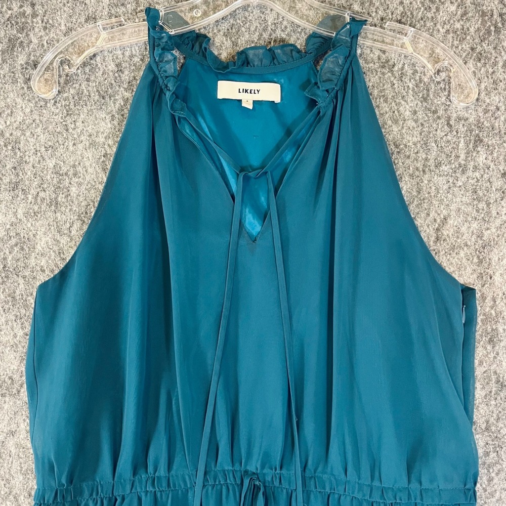 LIKELY Mini Dress Womens 4 Teal Halter V-Neck Ruffle Boho Chic Chiffon Cocktail - Picture 2 of 10